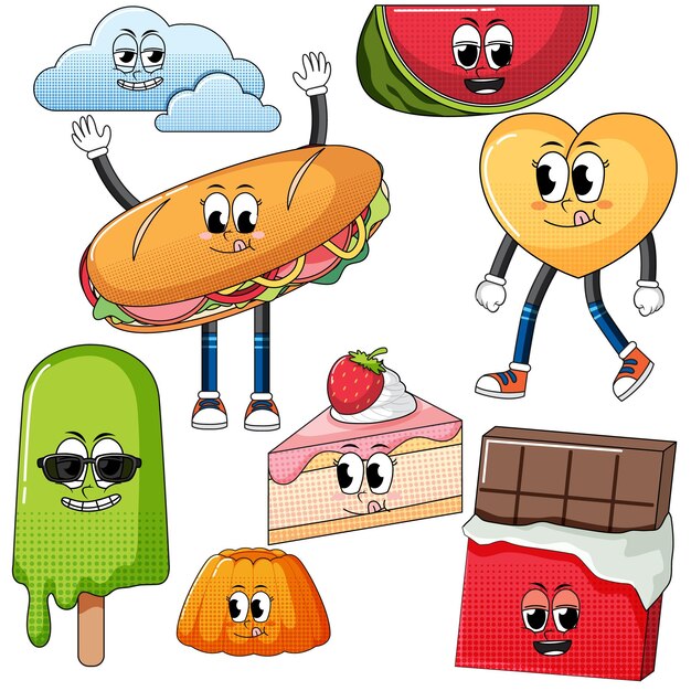 Conjunto de expresión facial con dibujos animados de comida de estilo vintage en Pentecostés