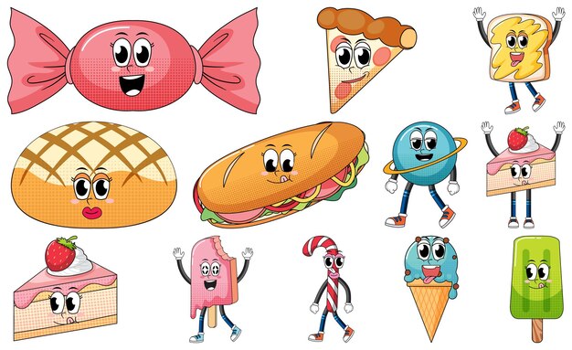 Conjunto de expresión facial con dibujos animados de comida de estilo vintage en Pentecostés