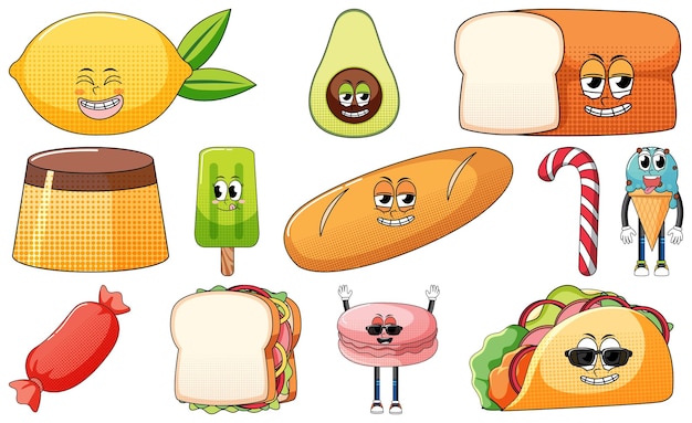 Conjunto de expresión facial con dibujos animados de comida de estilo vintage en Pentecostés