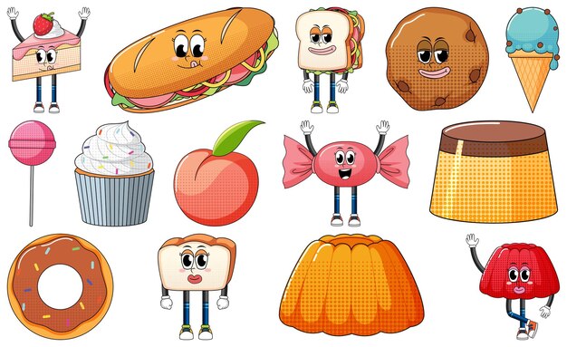 Conjunto de expresión facial con dibujos animados de comida de estilo vintage en Pentecostés