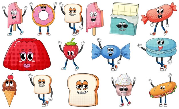 Conjunto de expresión facial con dibujos animados de comida de estilo vintage en Pentecostés