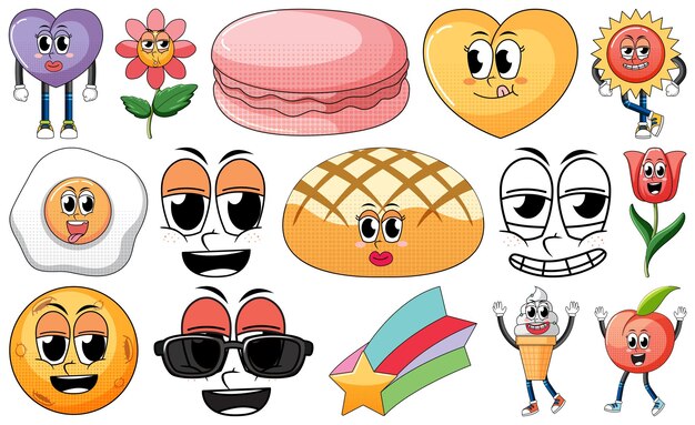 Conjunto de expresión facial con dibujos animados de comida de estilo vintage en Pentecostés
