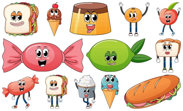 Conjunto de expresión facial con dibujos animados de comida de estilo vintage en Pentecostés
