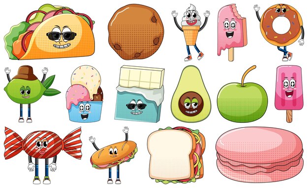 Conjunto de expresión facial con dibujos animados de comida de estilo vintage en Pentecostés