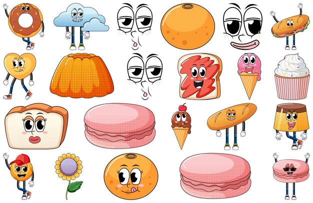 Conjunto de expresión facial con dibujos animados de comida de estilo vintage en Pentecostés