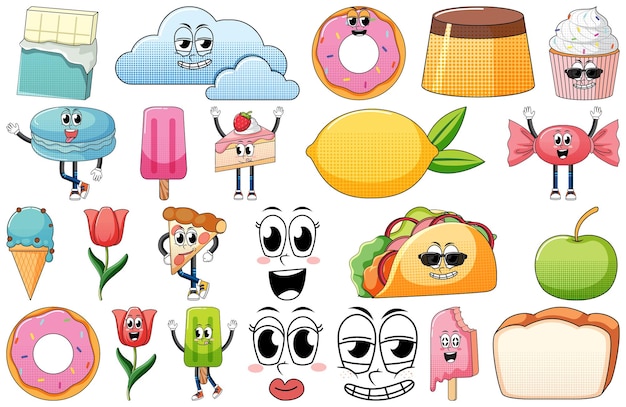 Conjunto de expresión facial con dibujos animados de comida de estilo vintage en Pentecostés