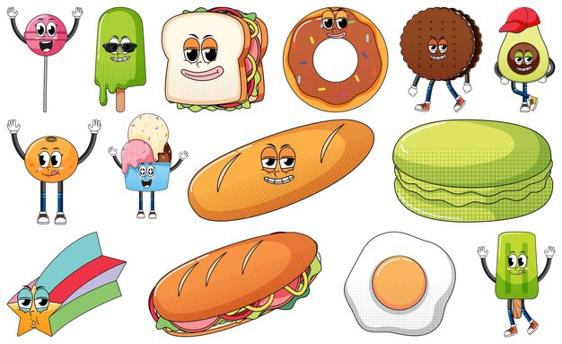 Conjunto de expresión facial con dibujos animados de comida de estilo vintage en Pentecostés