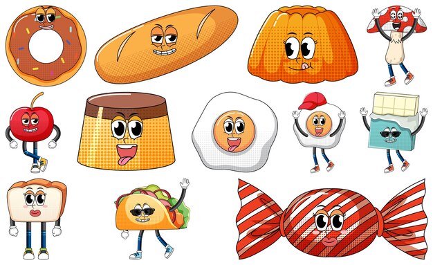 Conjunto de expresión facial con dibujos animados de comida de estilo vintage en Pentecostés