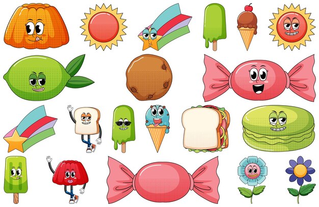 Conjunto de expresión facial con dibujos animados de comida de estilo vintage en Pentecostés