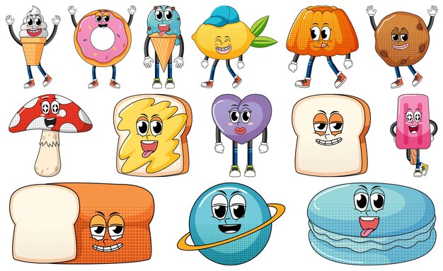 Conjunto de expresión facial con dibujos animados de comida de estilo vintage en Pentecostés