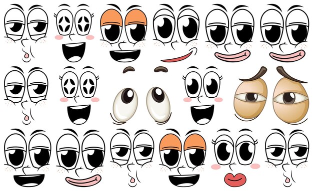 Conjunto de expresión facial sobre fondo blanco.