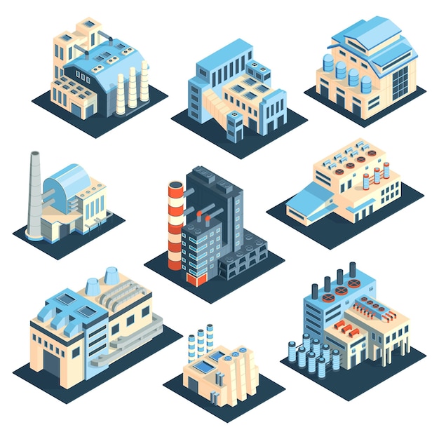 Conjunto de fábrica de plantas industriales isométricas con imágenes coloridas aisladas de edificios de plantas modernas en ilustración vectorial de fondo en blanco
