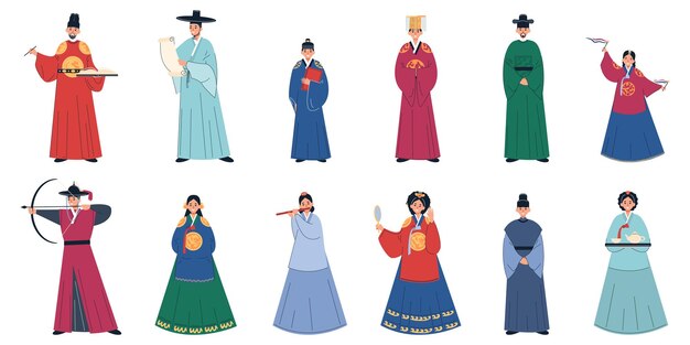 Conjunto de familia real de doce personajes humanos planos aislados en trajes medievales tradicionales de ilustración de vector de cultura coreana