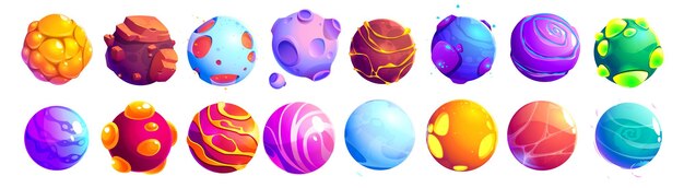Conjunto de fantásticos planetas alienígenas dibujos animados asteroides galaxia ui juego cósmico objetos del mundo elementos de diseño espacial Esferas con granos cometas luna con cráteres en la superficie plasma y hielo Ilustración vectorial