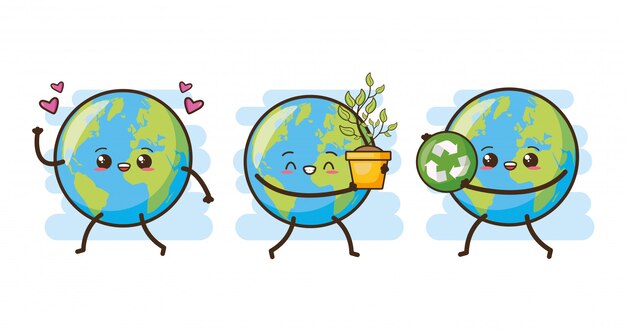 Conjunto de feliz tierra Kawaii, ilustración