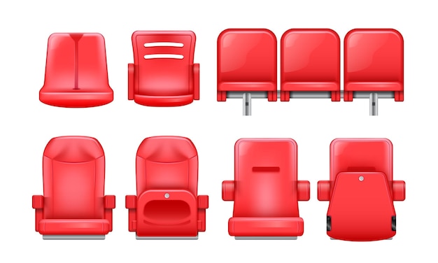 Conjunto de filas de tribunas de estadio realistas de imágenes de asientos de plástico aislados desde diferentes ángulos estándar e ilustración vectorial vip