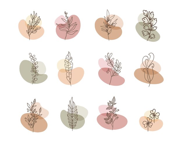 Conjunto de flor boho forma abstracta con adornos de hojas