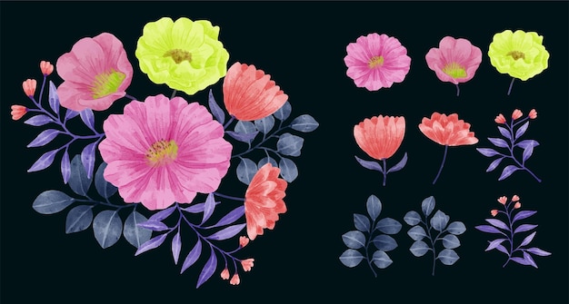 conjunto de flores de acuarela.