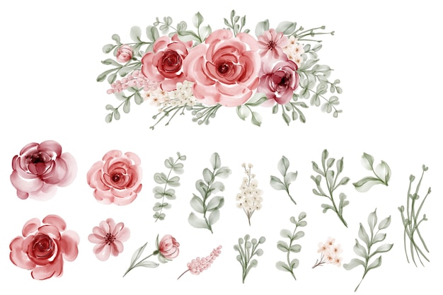 Vector gratuito conjunto de flores aisladas hojas acuarela floral