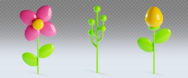 Conjunto de flores de arcilla de primavera en 3D