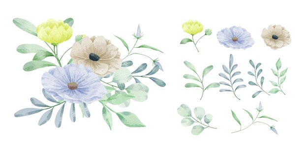Un conjunto de flores pintadas con acuarelas.