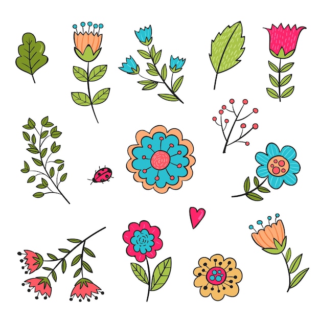 Conjunto de flores de primavera dibujadas a mano