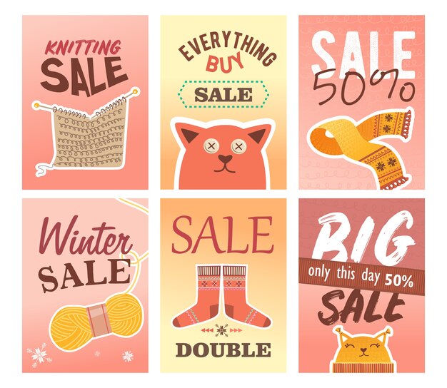 Conjunto de folletos de venta de tejido. Alfileres e hilos, ropa de punto y juguetes ilustraciones vectoriales con texto y porcentaje de descuento. Concepto de pasatiempo hecho a mano para el diseño de carteles y folletos minoristas de tiendas de artesanía