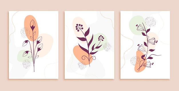 Conjunto de fondo abstracto de flores y hojas de arte lineal