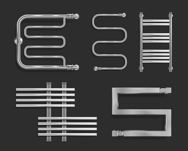 Vector gratuito conjunto de fondo de calentador de toallas realista con imágenes de vista frontal aisladas de espirales de calefacción de metal de color plateado ilustración vectorial