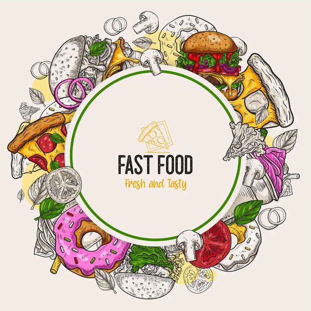 Conjunto de fondo de comida rápida dibujado a mano con comida para menú y publicidad o embalaje Diseño de vectores de boceto