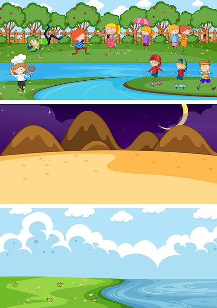 Conjunto de fondo de diferentes escenas horizontales con personaje de dibujos animados de niños doodle