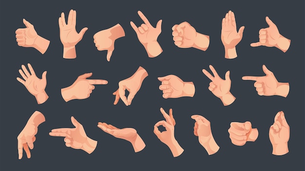 Conjunto de fondo de manos humanas de iconos aislados con varios gestos de dedos y manos de ilustración de vector de piel blanca