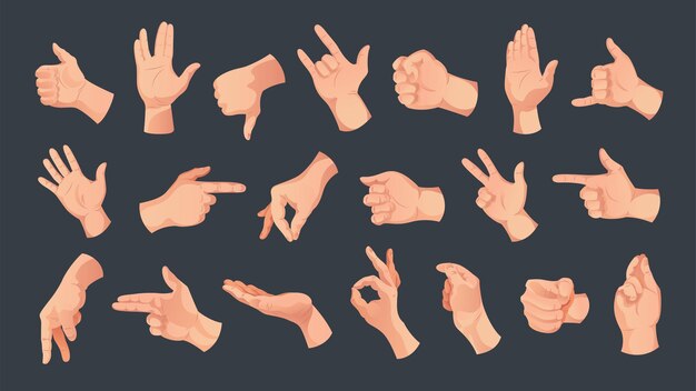 Conjunto de fondo de manos humanas de iconos aislados con varios gestos de dedos y manos de ilustración de vector de piel blanca
