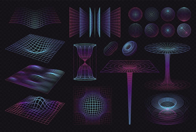 Conjunto de formas 3d con ondas de cuadrículas de iluminación de color neón aisladas y patrones de espectro en la ilustración de vector de fondo oscuro