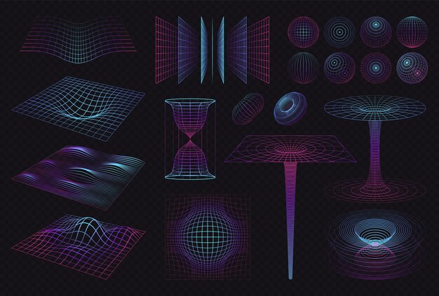 Conjunto de formas 3d con ondas de cuadrículas de iluminación de color neón aisladas y patrones de espectro en la ilustración de vector de fondo oscuro