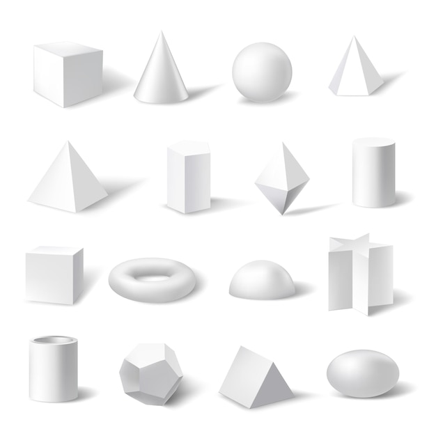 Conjunto de formas de figuras geométricas 3d Cubo cuadrado cono pirámide prisma cilindro hexágono estrella trapezoide toro
