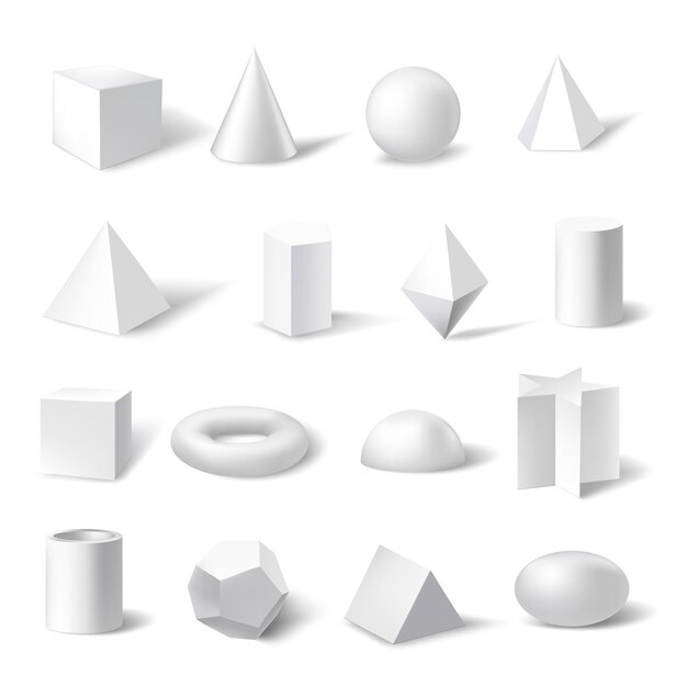 Conjunto de formas de figuras geométricas 3d Cubo cuadrado cono pirámide prisma cilindro hexágono estrella trapezoide toro