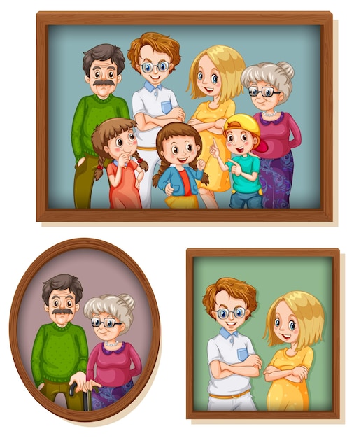 Vector gratuito conjunto de foto de familia feliz en el marco de madera