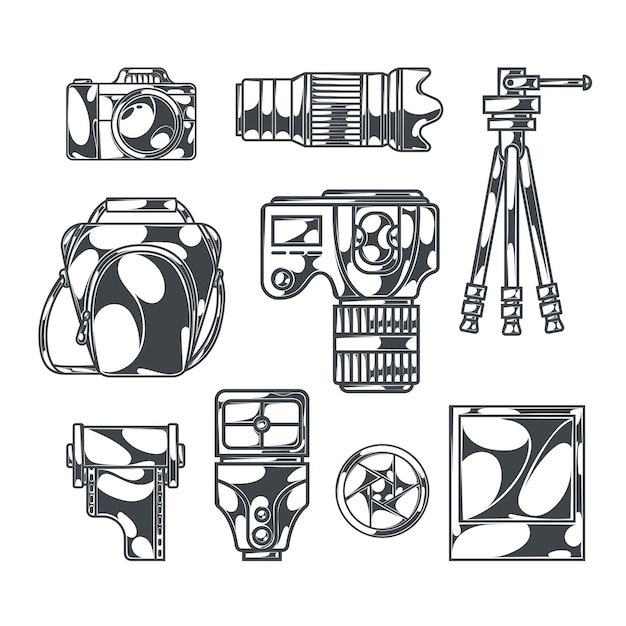 Conjunto de fotografía con imágenes monocromas aisladas de cámaras réflex digitales con accesorios y trípodes