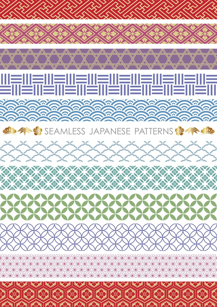 Vector gratuito conjunto de fronteras sin costuras vintage japonesas vectoriales repetibles horizontal y verticalmente
