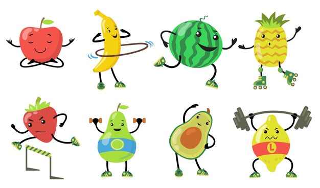 Conjunto de frutas deportivas. Dibujos animados de pera, manzana, aguacate, fresa haciendo yoga, corriendo y levantando peso en el gimnasio. Ilustraciones vectoriales planas para alimentos saludables, bienestar, concepto de estilo de vida
