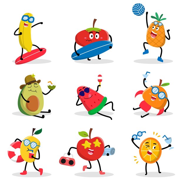 Conjunto de frutas con diversas actividades en personaje de dibujos animados, diseño gráfico para mascota, pancarta o pegatina, ilustración vectorial