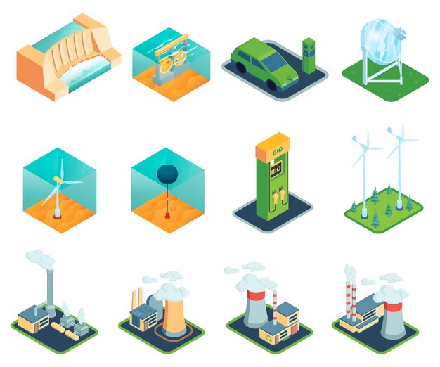 Conjunto de fuentes de energía verde de energía eólica renovable isométrica iconos aislados e imágenes de centrales eléctricas ilustración vectorial
