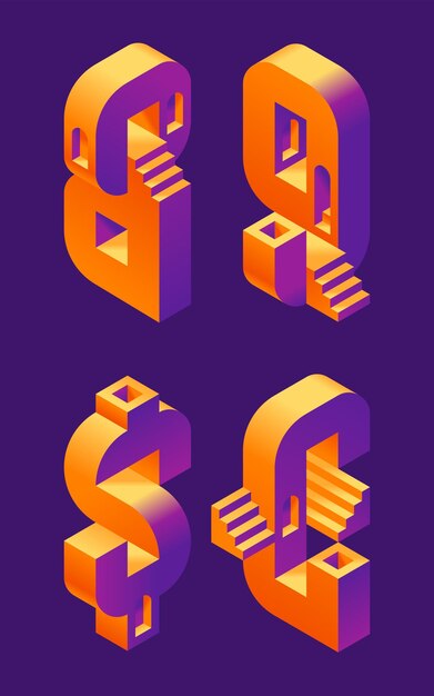 Conjunto de fuentes vectoriales hecho en forma isométrica 3d con escaleras y ventanas
