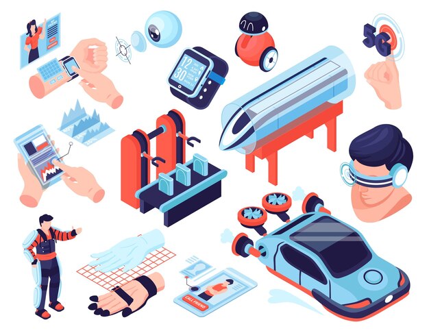 Conjunto futuro de tecnologías isométricas con imágenes aisladas de partes de carrocería de automóviles futuristas con sensores en la ilustración de vector de fondo en blanco