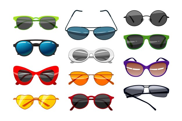 Conjunto de gafas de sol de moda. Ilustraciones vectoriales de gafas retro y modernas con diferentes formas y colores. Colección de accesorios de dibujos animados para protección ocular contra el sol aislado en blanco. Concepto de moda