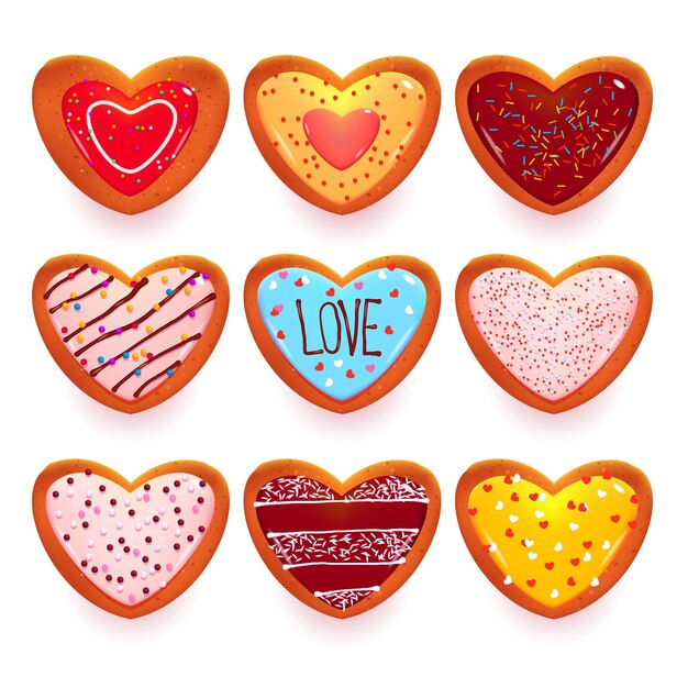 Conjunto de galletas de jengibre en forma de dulces de dibujos animados de corazón para el día de San Valentín aislado en blanco.