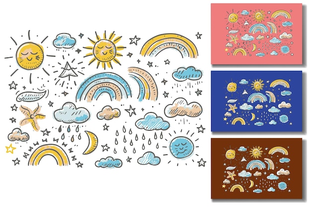 Conjunto de garabates de elementos meteorológicos dibujados a mano con variaciones coloridas