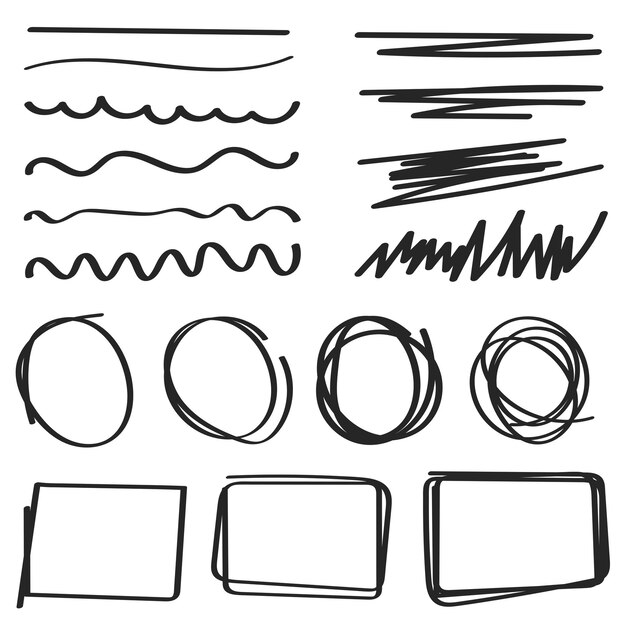 conjunto, de, garabato, líneas, círculos, y, squares