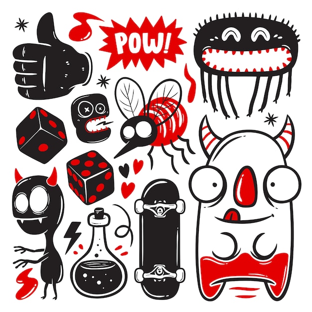 Conjunto de garabatos divertidos con monstruos